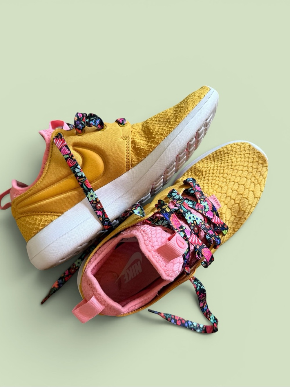 Nike Yellow Sneakers with Pink Collar and Floral Laces - Picture 5 of 11
